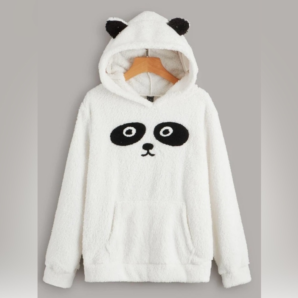 Panda Face Ears Plush Fleece Hoodie Ivory Black Sweatshirt Medium